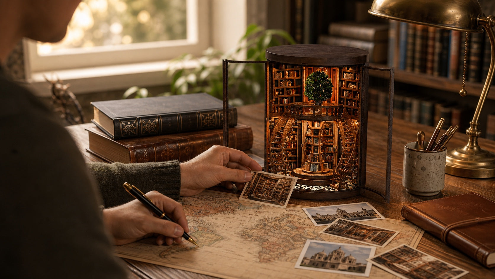 A traveler marking a world map beside a glowing Wisdom Rings Library miniature