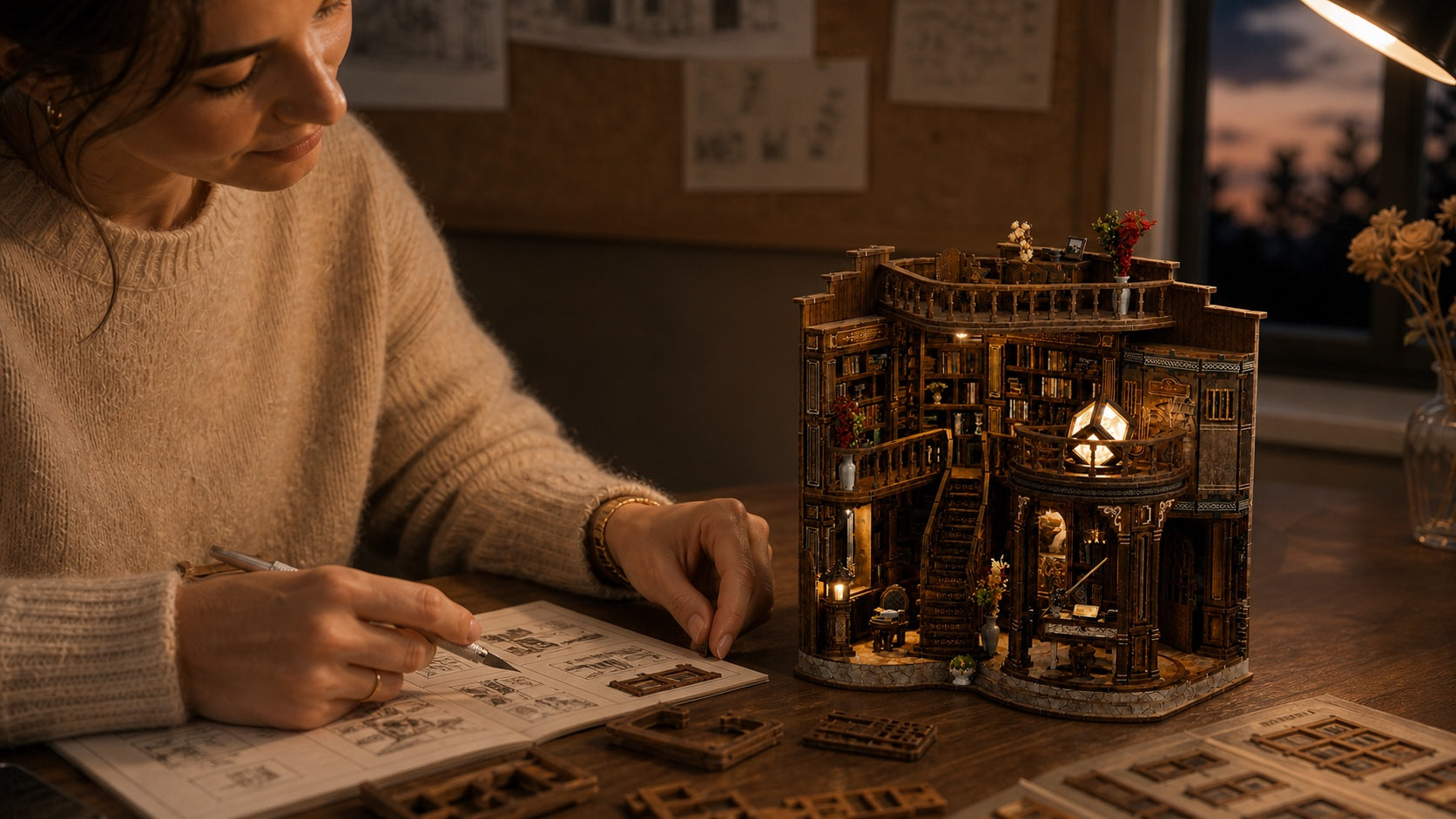 A maker assembling the 23 cm Dreamy Book Hall miniature in a warm home studio