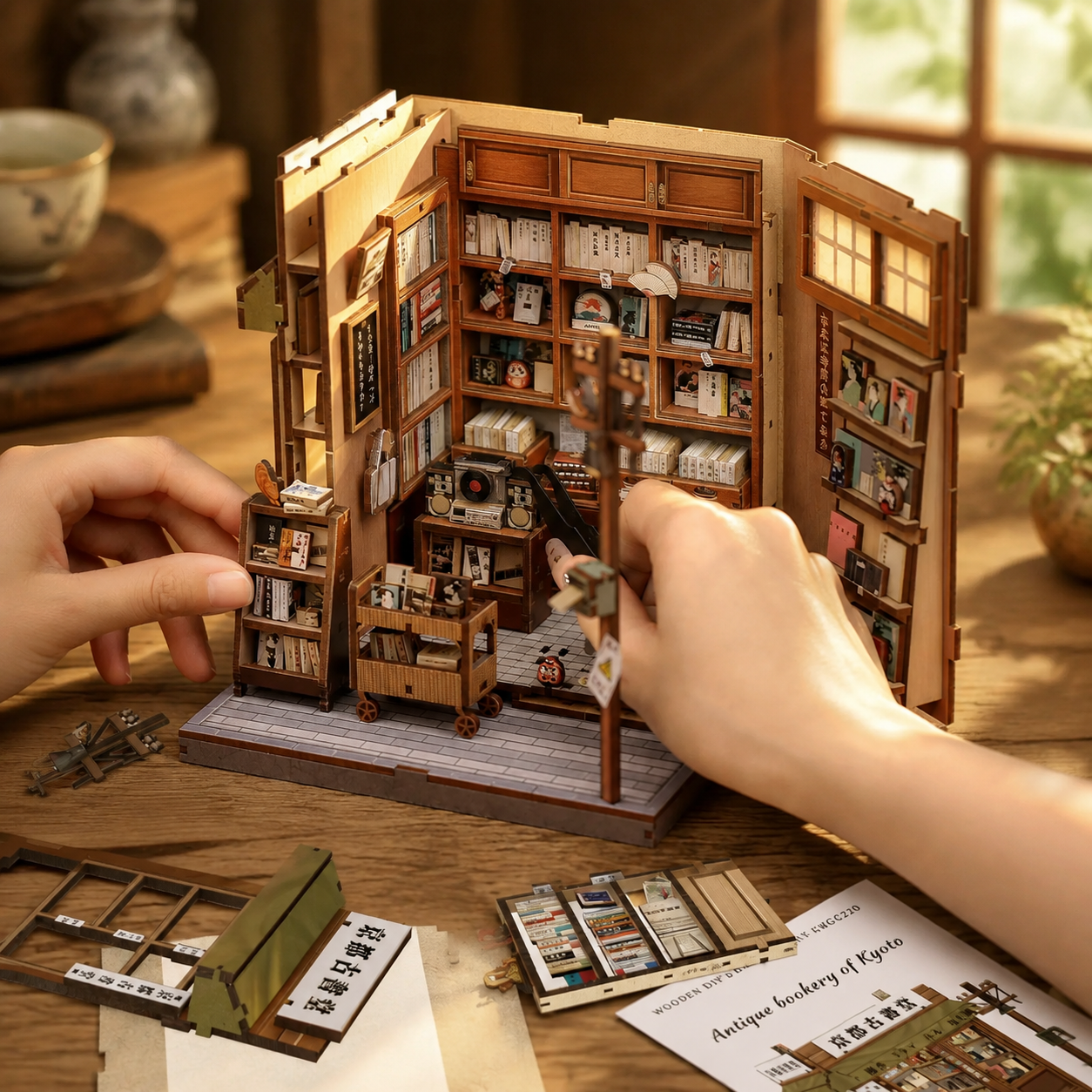 Hands assembling the opening bookshop interior