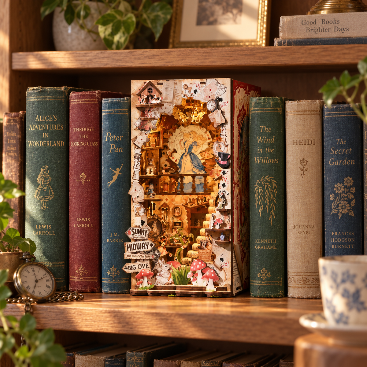 Adventures in the Book Crevices book nook glowing between classic storybooks on a wooden bookshelf