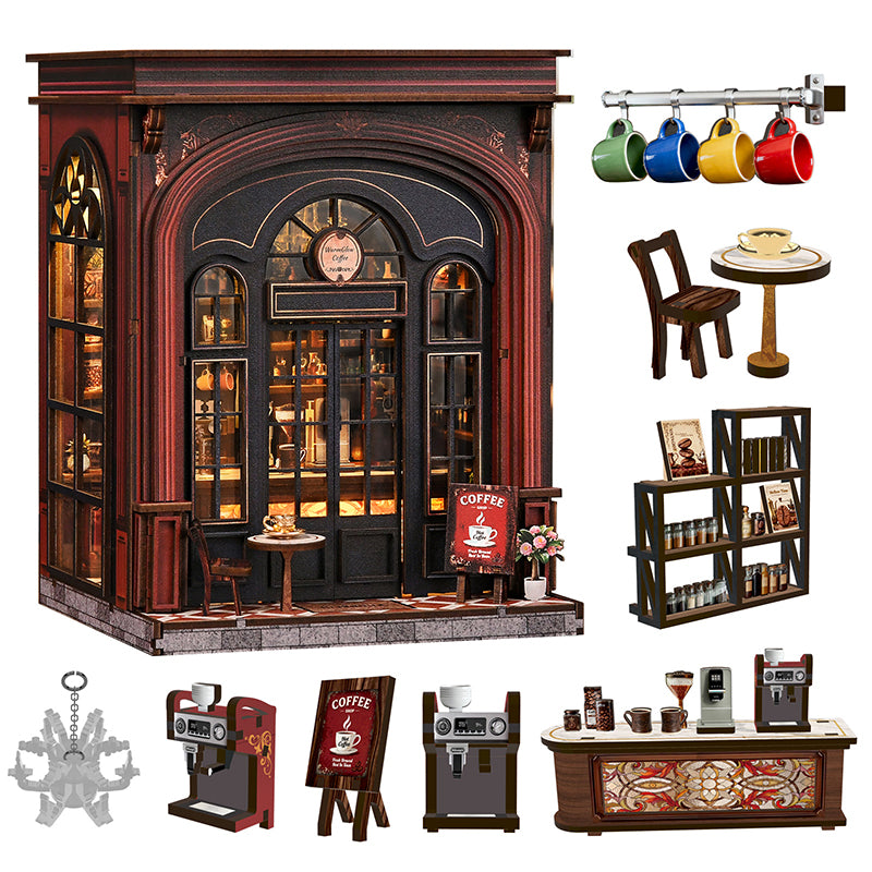 Warmglow Coffee with miniature mugs, coffee machines, counter, shelves and outdoor furniture