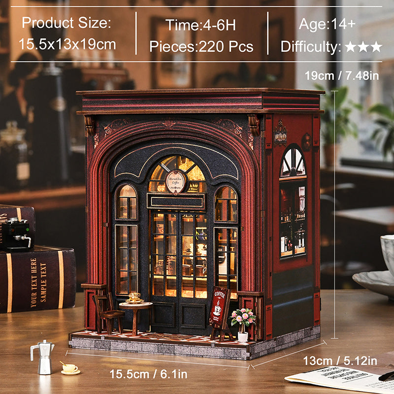 Warmglow Coffee dimensions and assembly information shown around the completed miniature café