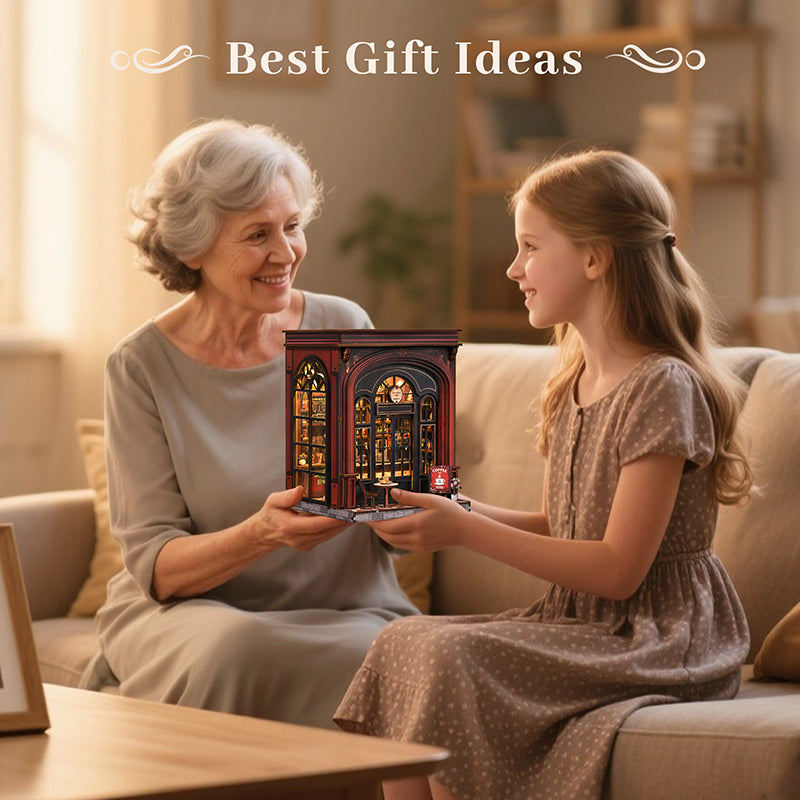 Gift scene showing an older woman and a girl holding the Warmglow Coffee miniature café