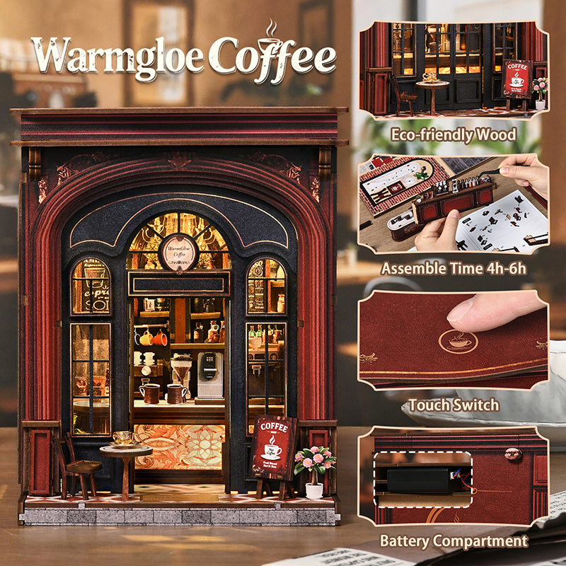 Warmglow Coffee feature graphic showing the café, assembly, touch switch and battery compartment