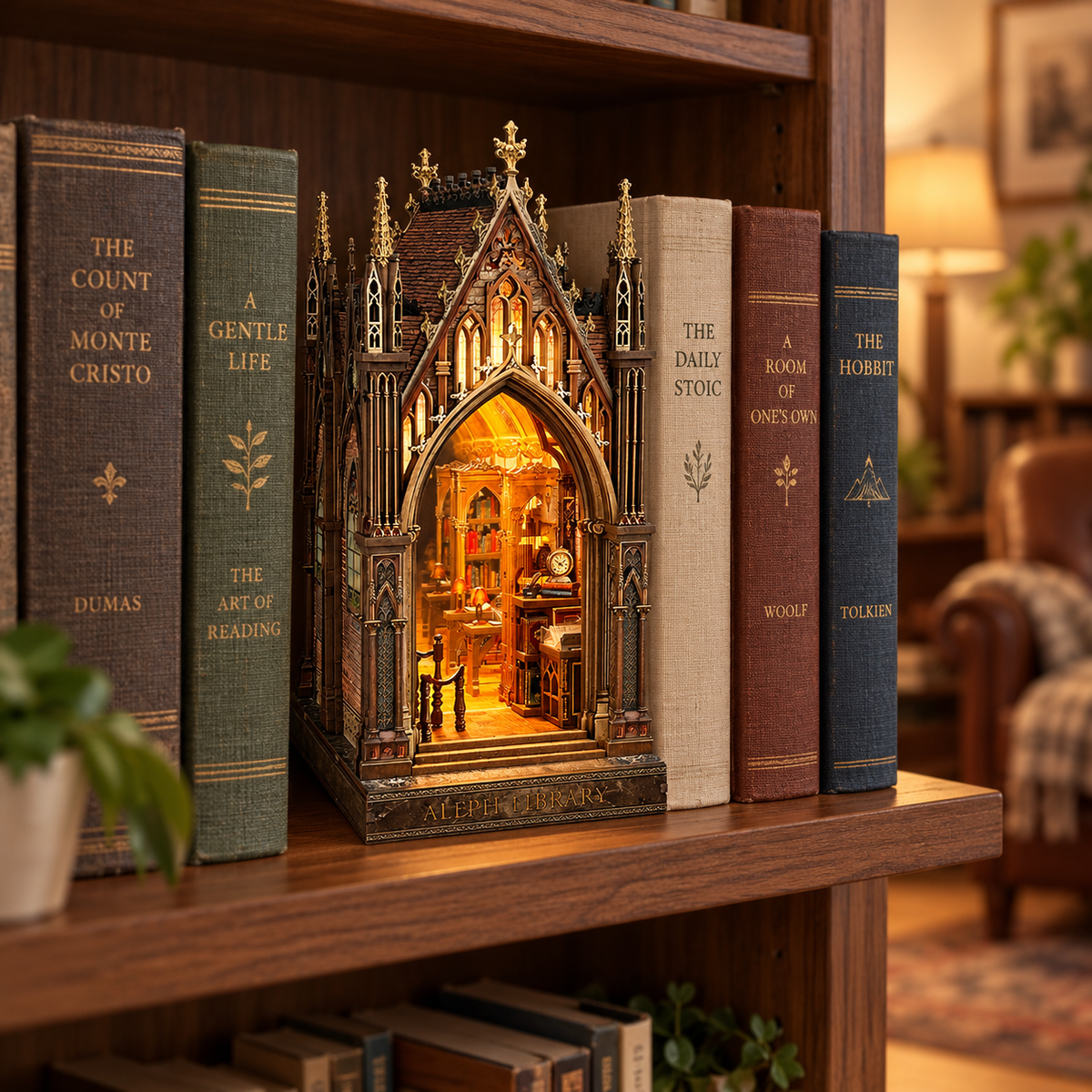 Completed Aleph Library book nook displayed between books