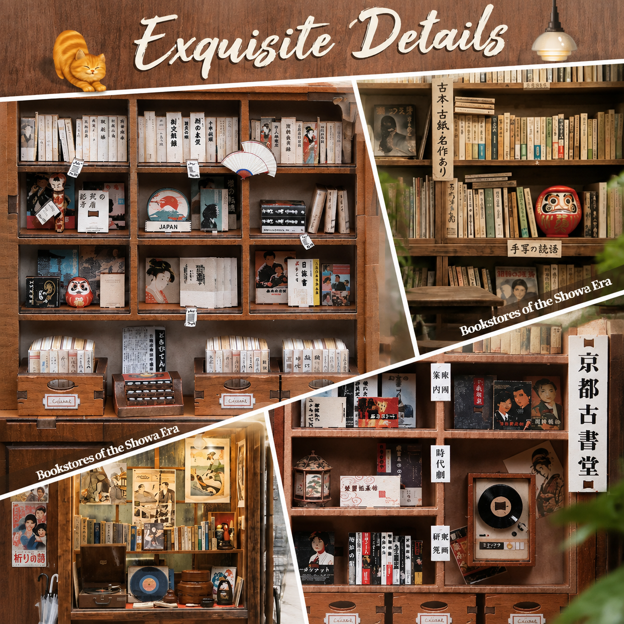 Close-up of miniature books, typewriter and Kyoto shop details