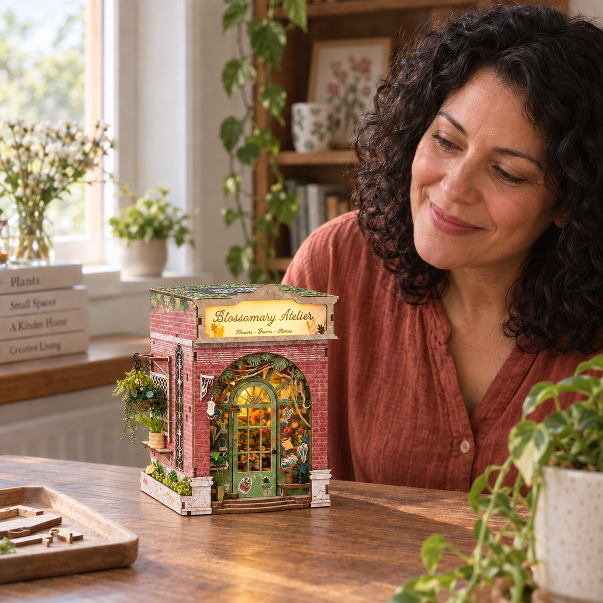 Blossomary Atelier — completed miniature in a sharing scene (AI-assisted visualization)
