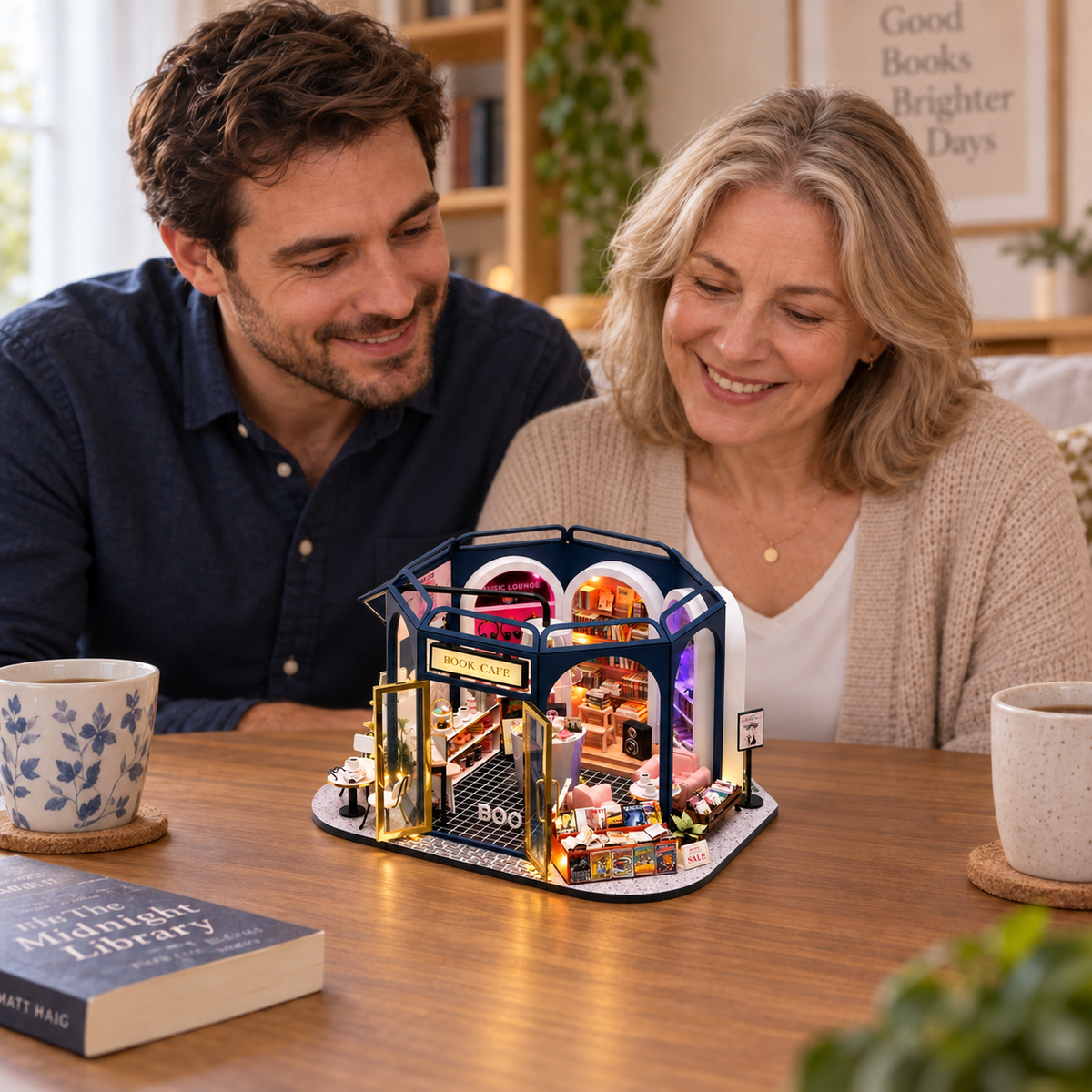 Book Cafe — completed miniature in a sharing scene (AI-assisted visualization)