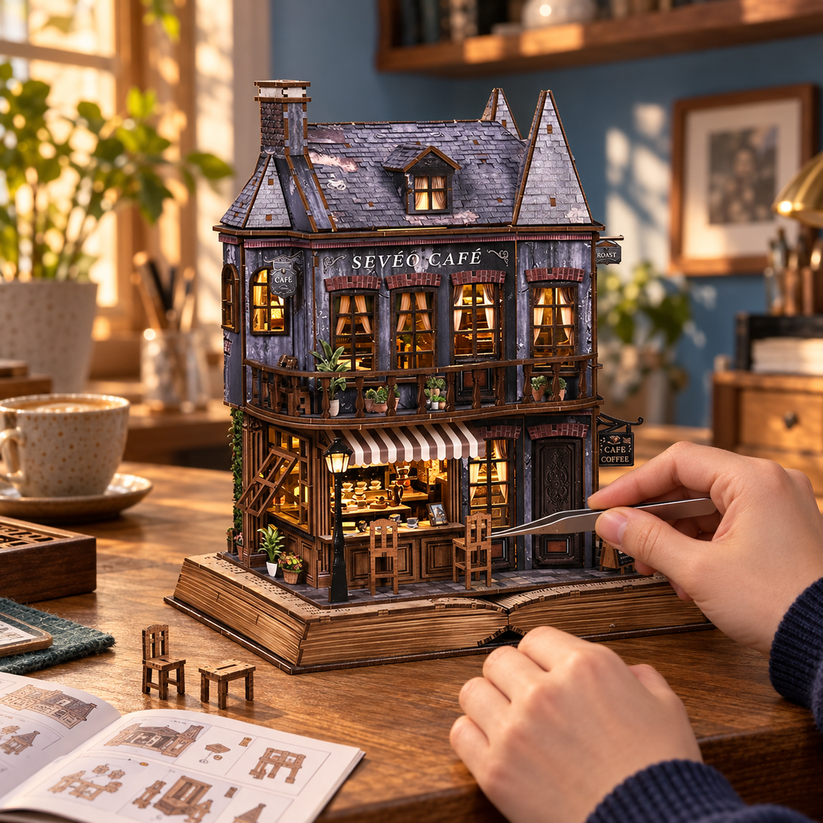 Book Corner Cafe — hands assembling the miniature