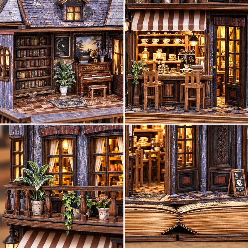 A piano and bookcase in the upstairs room.