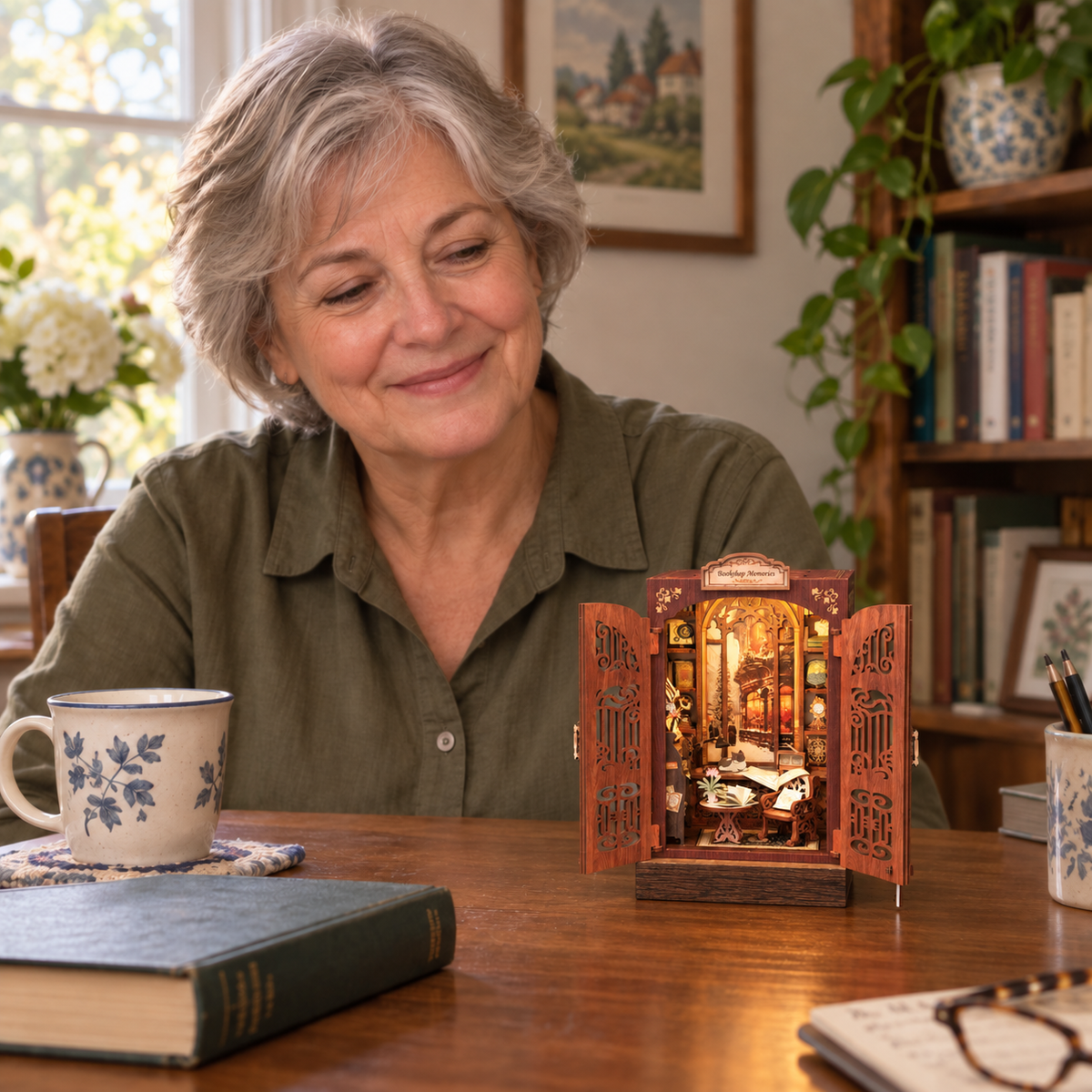 Bookshop Memories — completed miniature in a sharing scene (AI-assisted visualization)