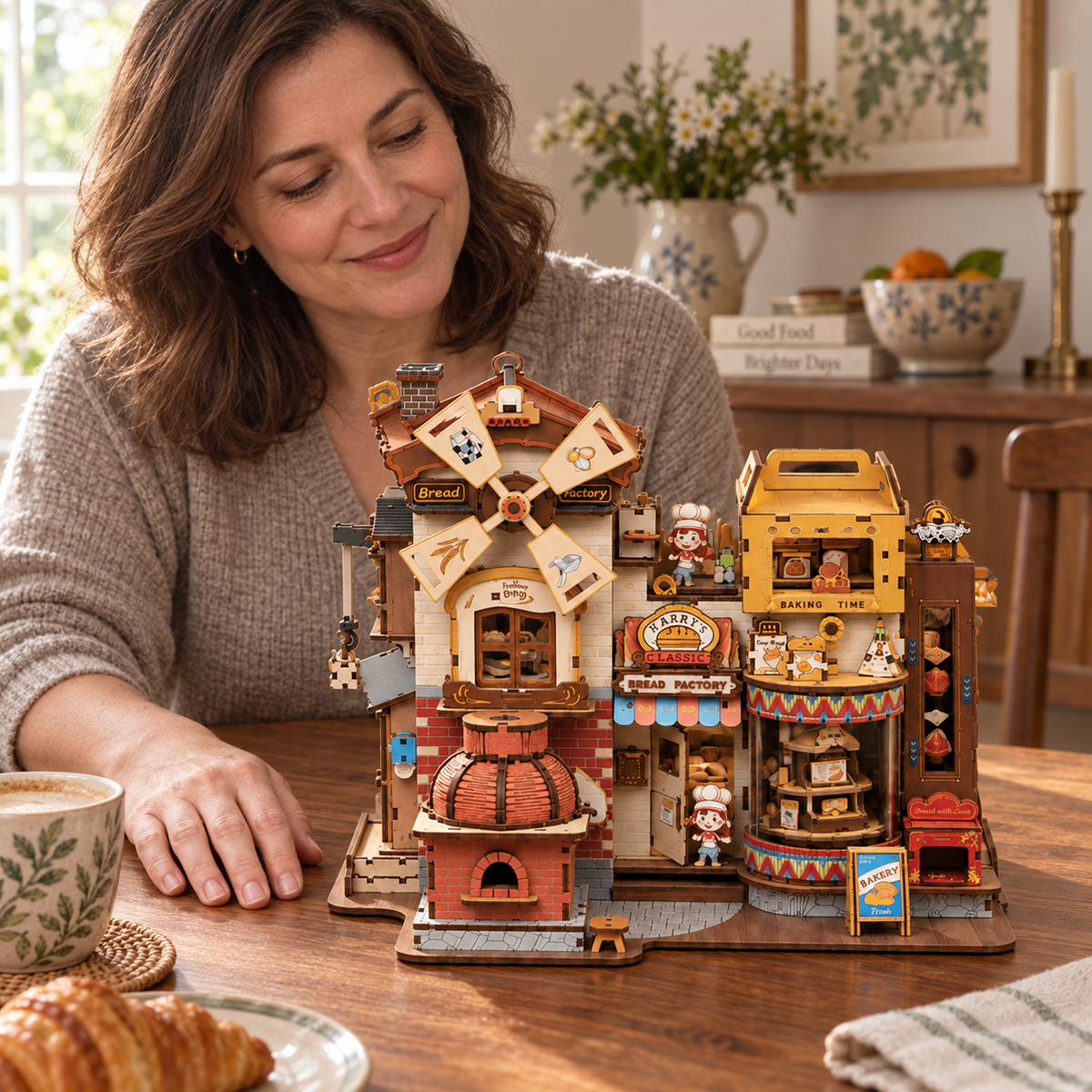 Bread Factory — completed miniature in a sharing scene (AI-assisted visualization)