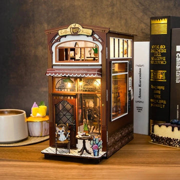 Cat Cafe DIY Book Nook Kit by HiNooki – Miniature Bookshelf Insert | Book Lovers Gift, Cozy Home Decor.