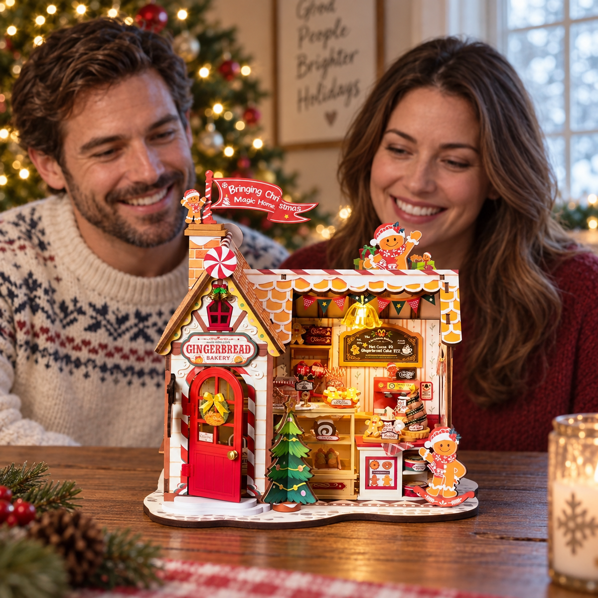 Christmas Gingerbread House — completed miniature in a sharing scene (AI-assisted visualization)