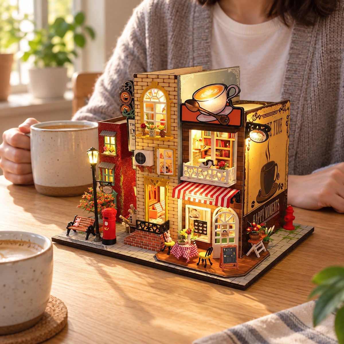Coffee Villa — finished miniature in an everyday setting (AI-assisted visualization)