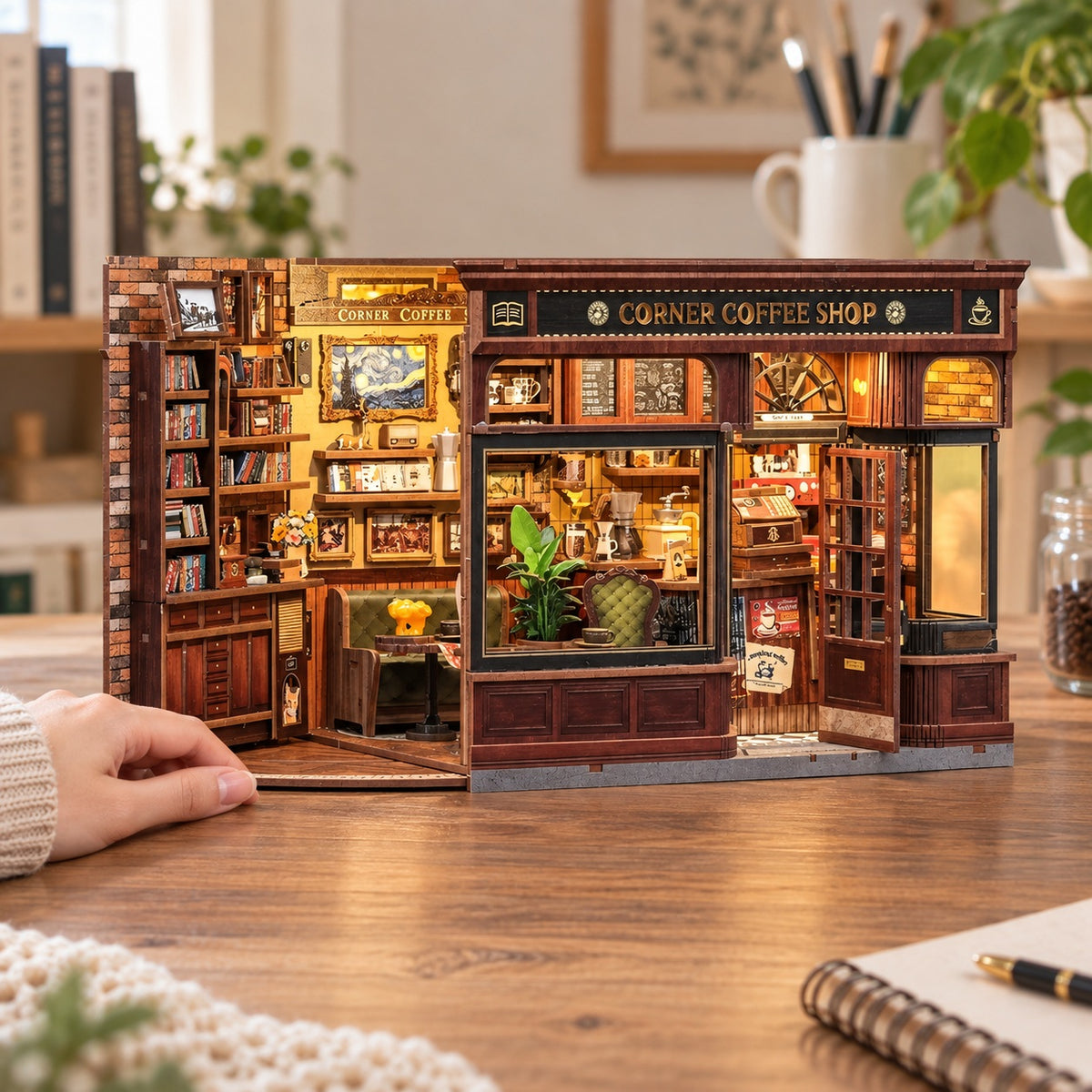 Corner Coffee Shop — corrected finished-build scene (AI-assisted image)