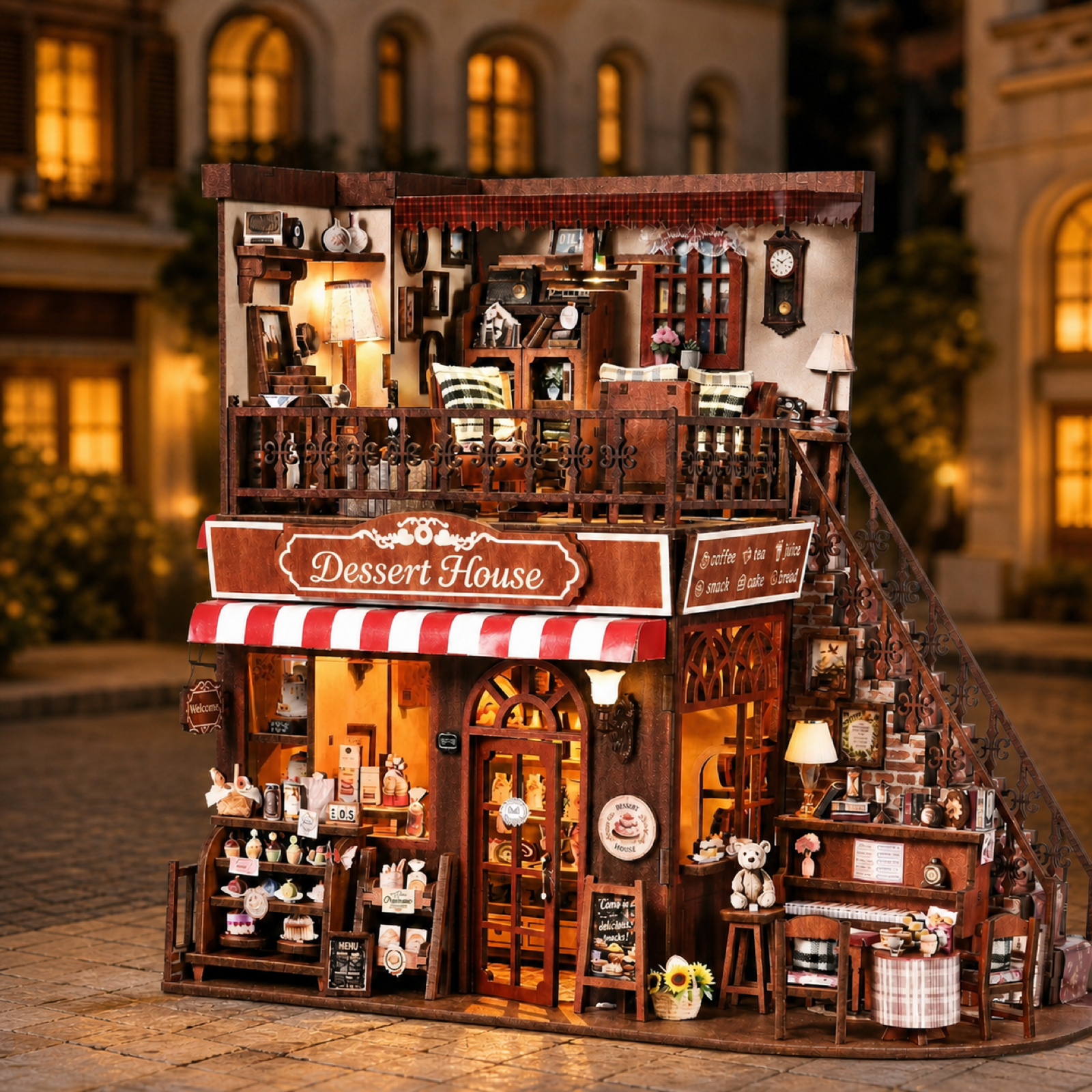 Corner Dessert House DIY miniature house kit with warm LED lighting