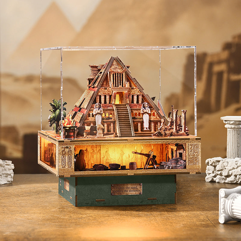 Front view of the completed Desert Secret Journey pyramid and lower chambers
