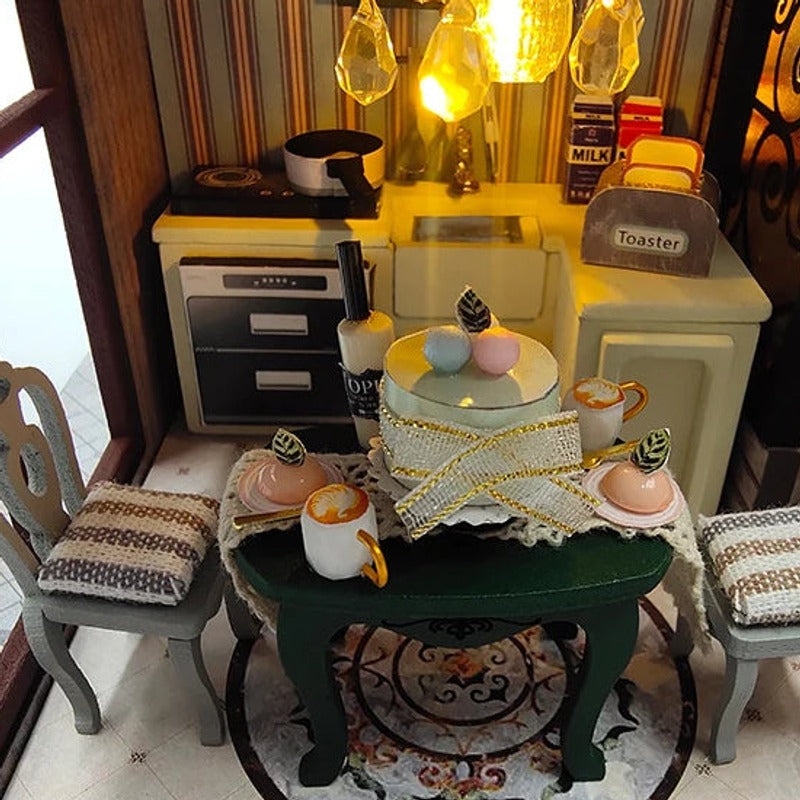 A table set beneath the chandelier