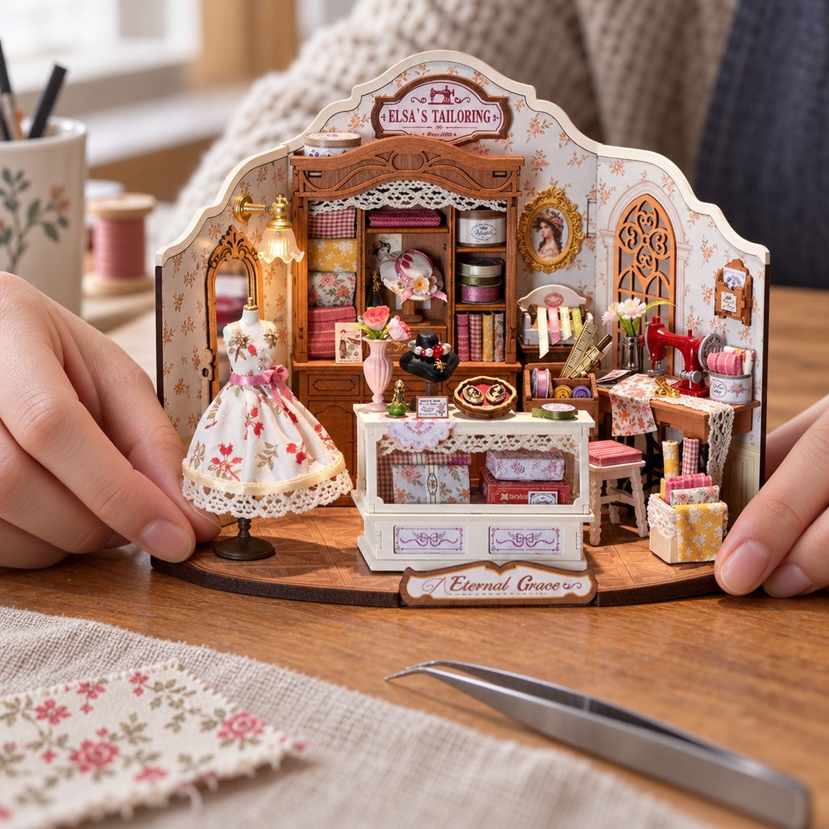 Elsa's Tailoring — finished miniature in an everyday setting (AI-assisted visualization)