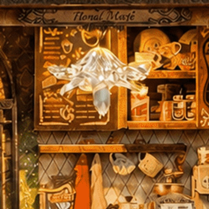 A jewel-like chandelier above the miniature café.