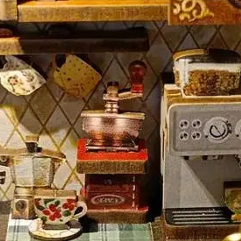 Tiny cups and coffee-making details fill the counter.