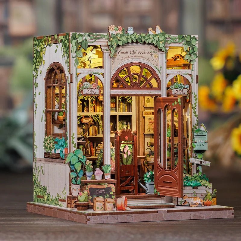 Green Life Bookshop Book Nook Kit with LED, HiNooki DIY Wooden