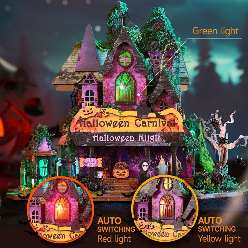 Halloween Night miniature showing green window lighting with red and yellow light comparisons
