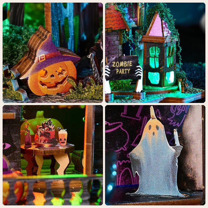 Four close-up details of the Halloween Night DIY miniature house: witch-hat pumpkin, green turret, party table and ghost