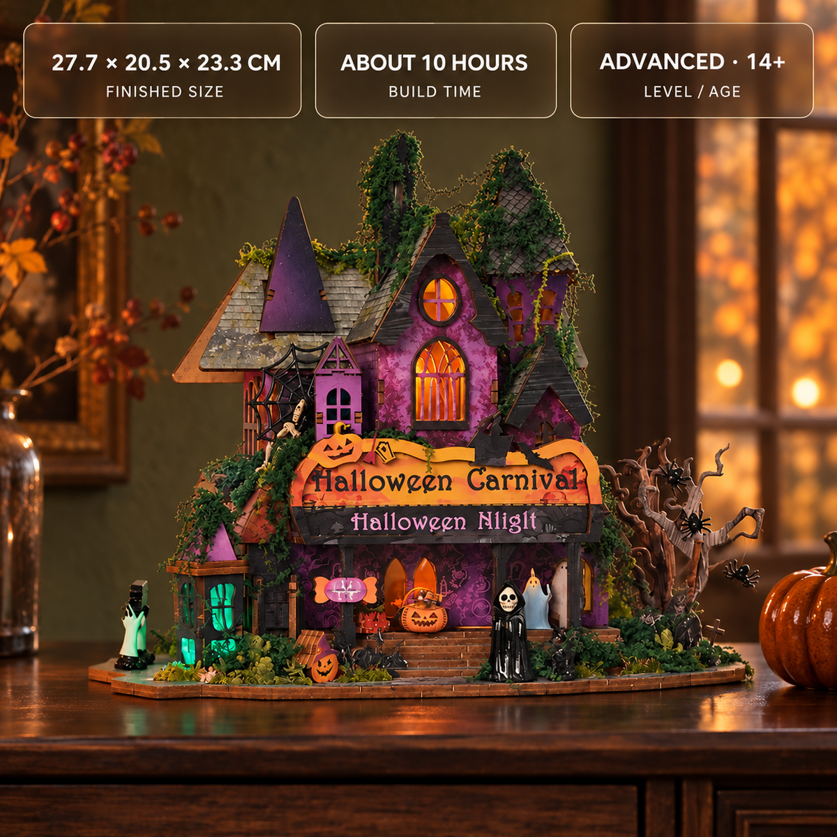 Halloween Night miniature specifications in three translucent cards over an autumn home scene