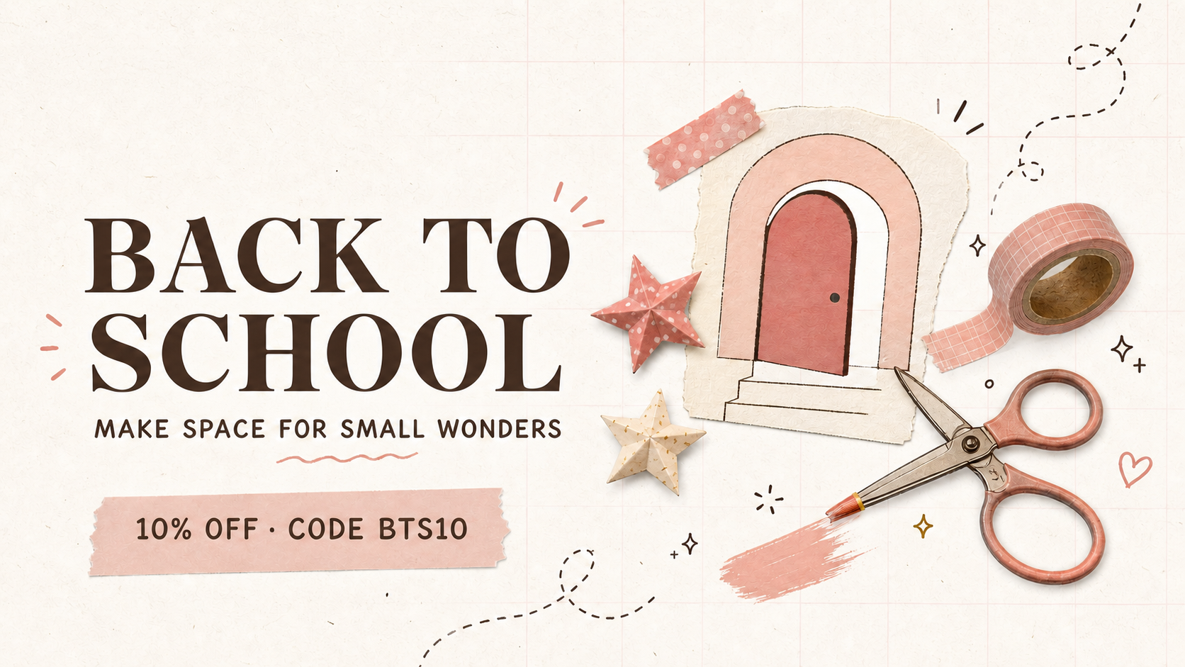 Back to School sale desktop banner with BTS10 code