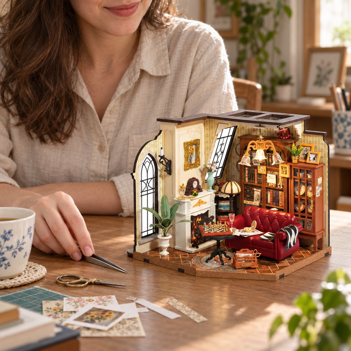 A maker setting down her tweezers beside the completed Catherine's Living Room miniature