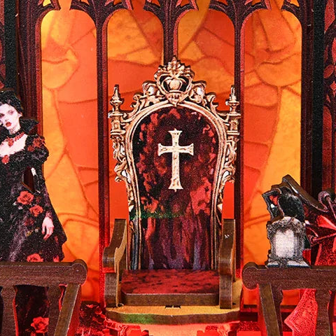 A crimson throne beneath pointed arches