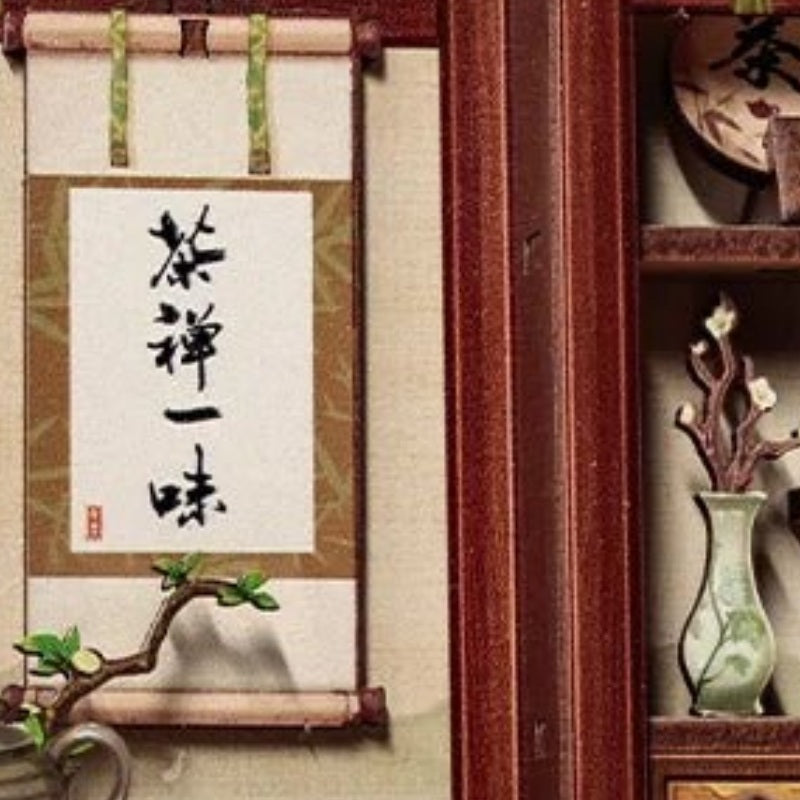 A scroll beside the shelves