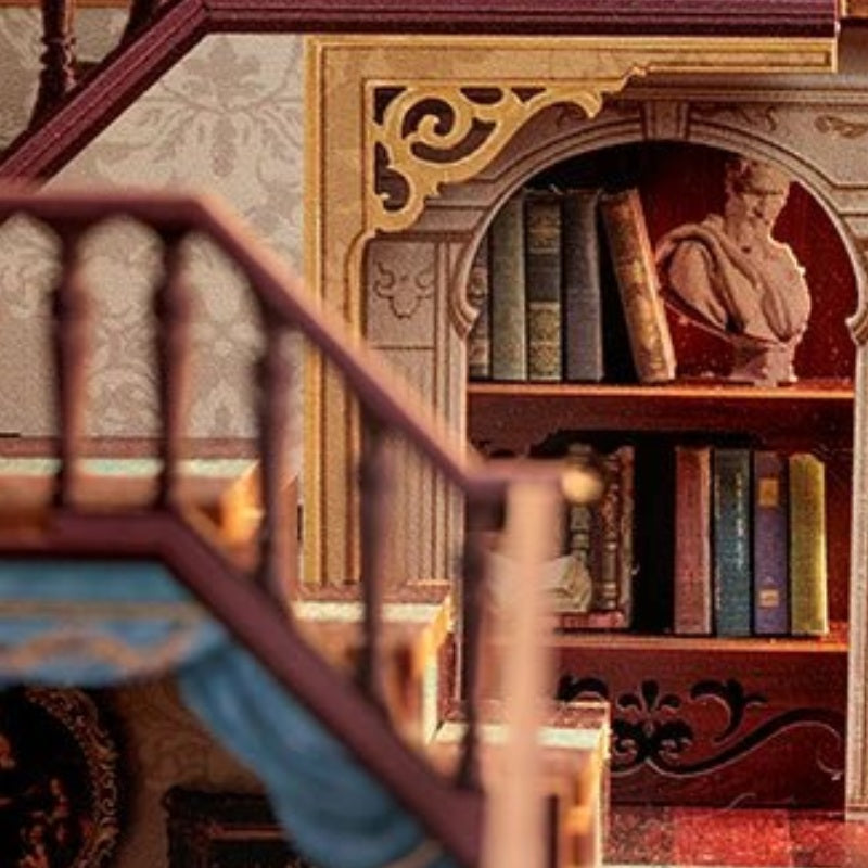 Books beyond the carved stairway