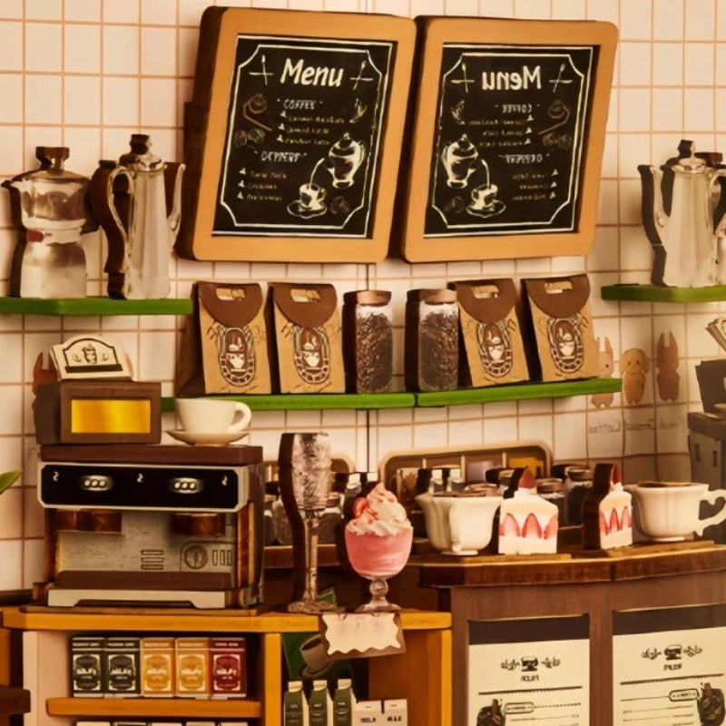 Menus above the coffee shelves