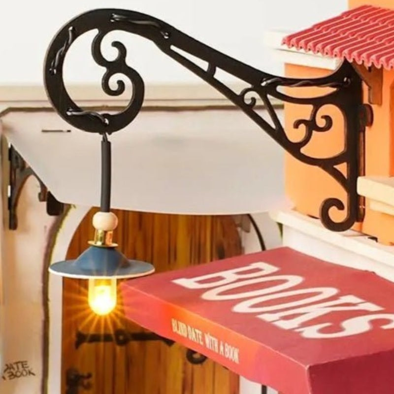 A lamp above the awning