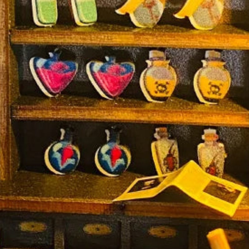 Colourful potions on the shelves