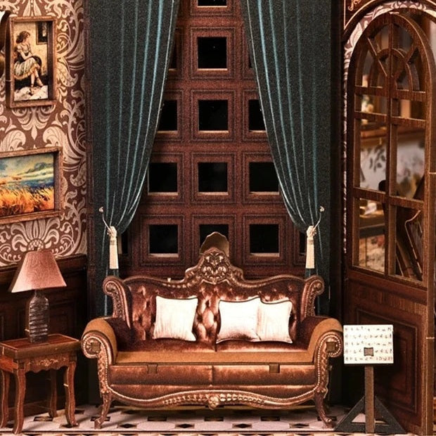 A lounge behind teal drapes