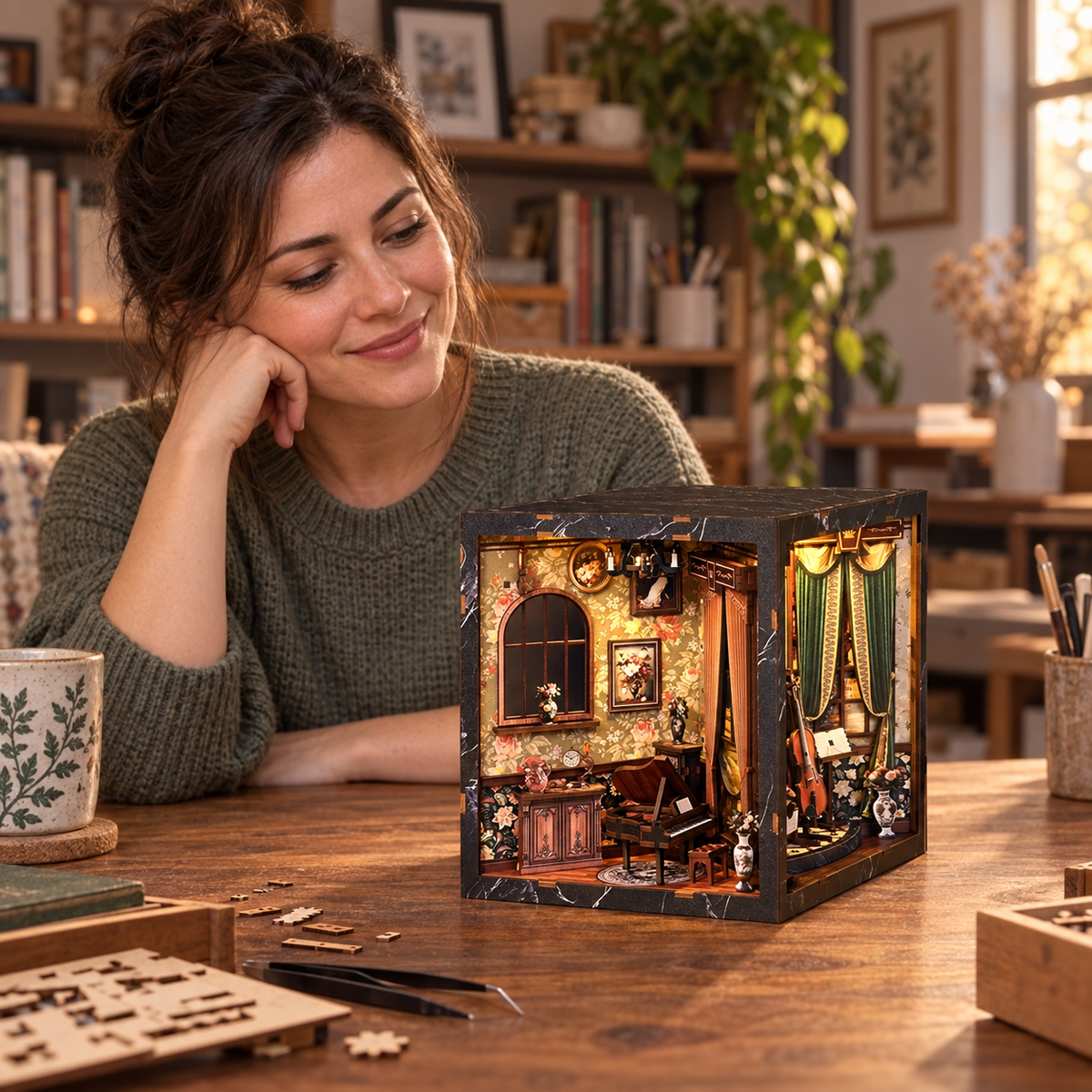 Illustrative scene of a maker admiring the completed European Melody miniature