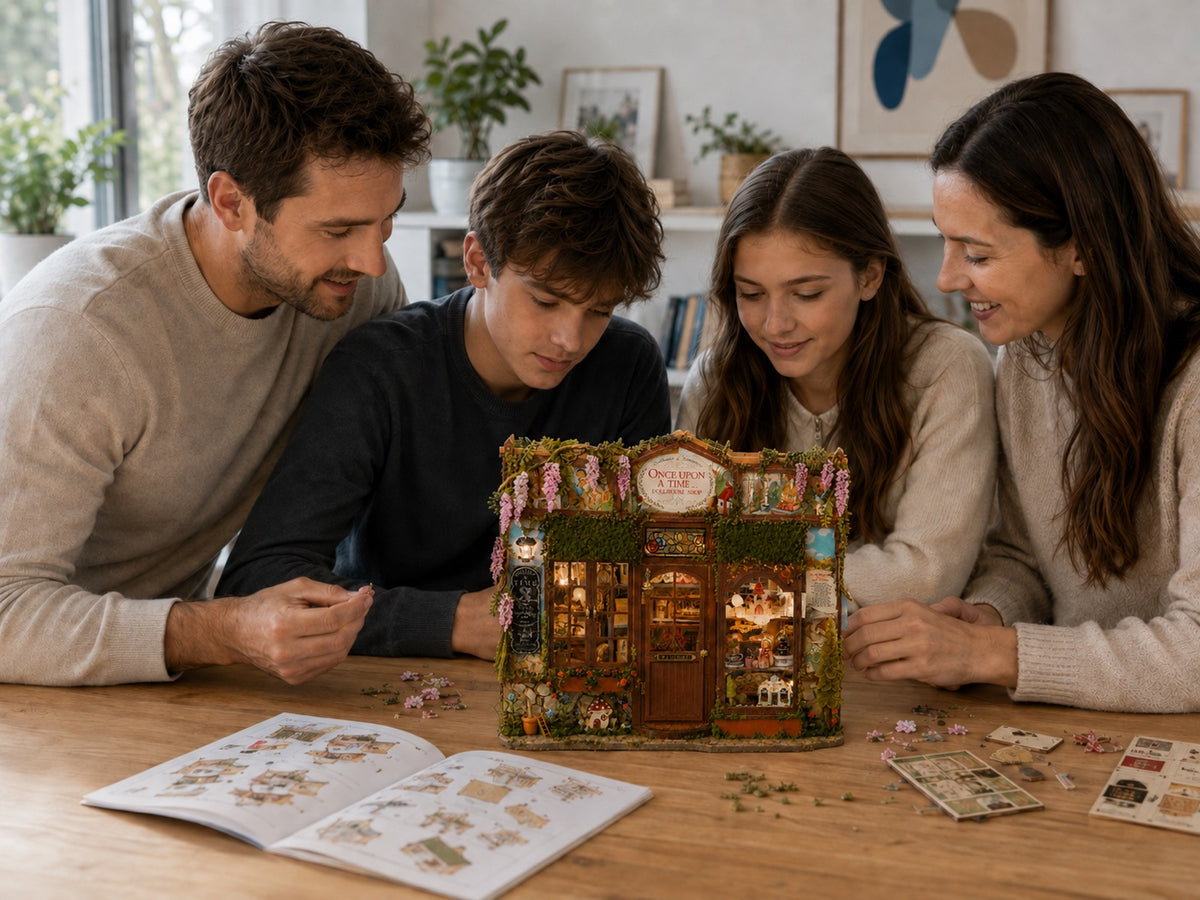 Family sharing a creative moment with the Fairy-Tale Wonderhouse miniature kit