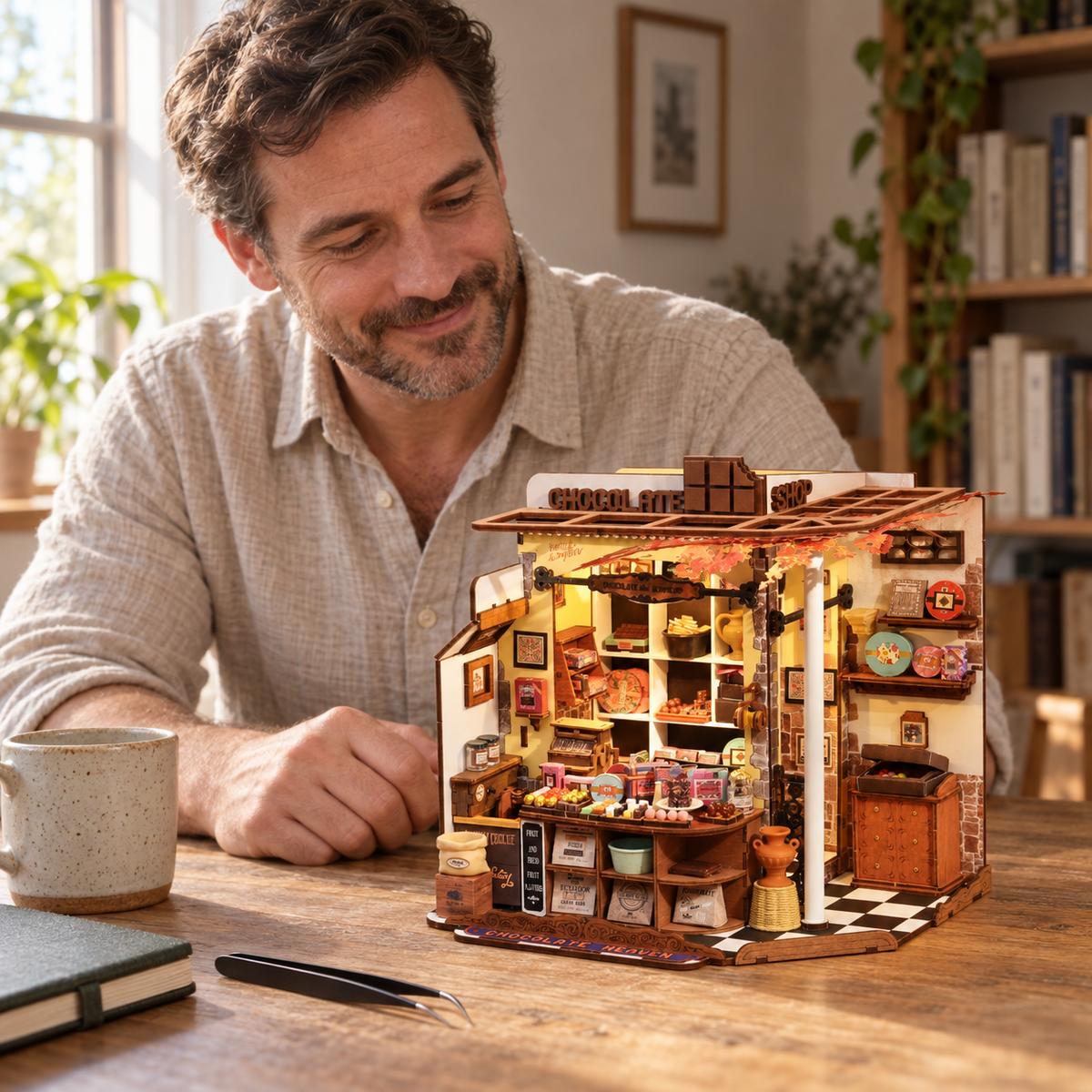 Illustrative scene of an adult maker admiring the completed Henry's Chocolate model