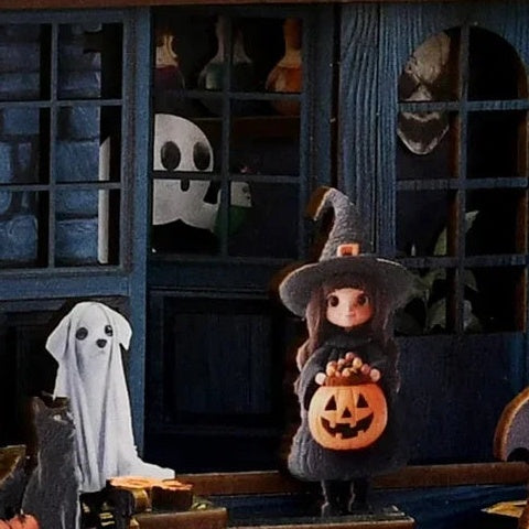 A witch and a ghost at the blue doorway