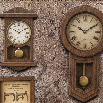 Two vintage clock faces on the workshop wall
