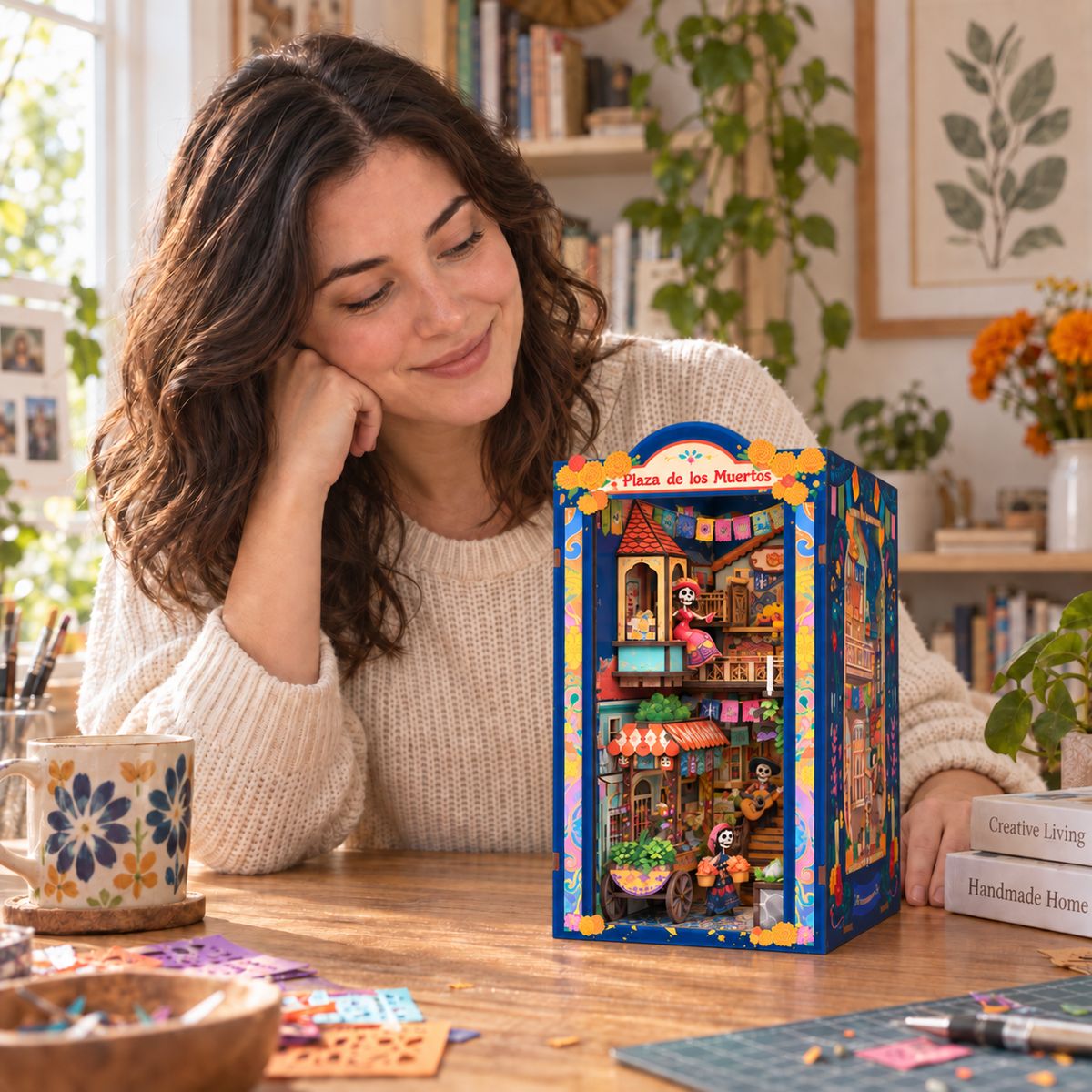 An adult maker with the completed Plaza de los Muertos book nook on a table
