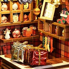 Tiny parcels and decorations fill the shelves and counter.