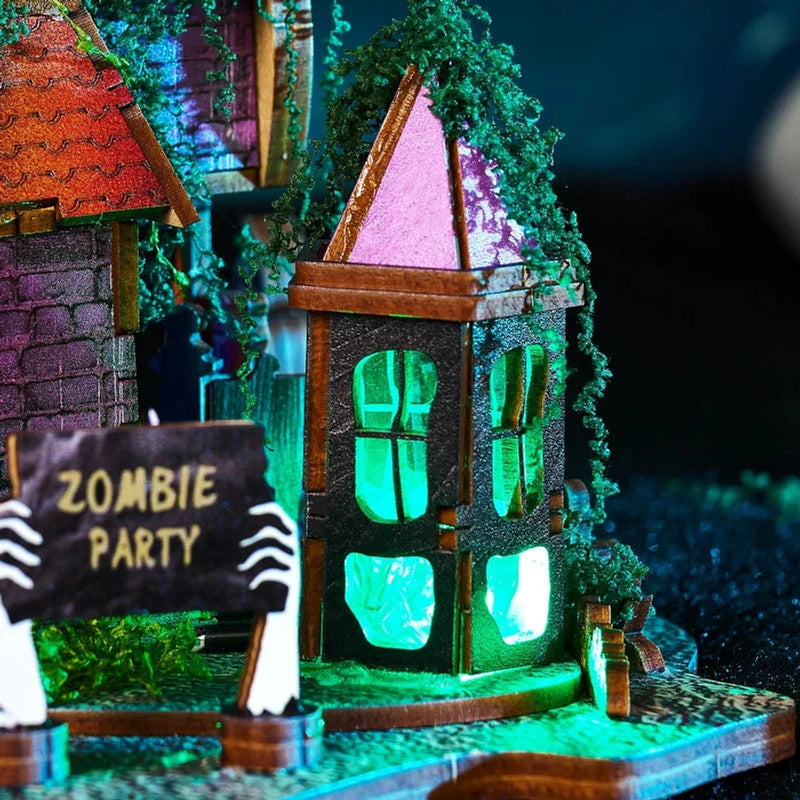 A green-lit turret stands beside the Zombie Party sign.