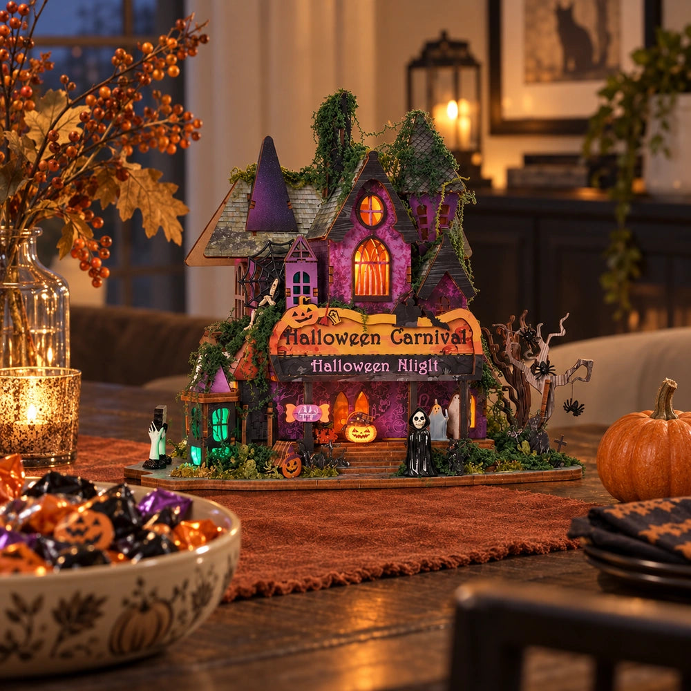 Finished Halloween Night model displayed on a seasonal treat table beside wrapped sweets and a pumpkin