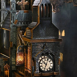 An old-fashioned clock tower rises above the miniature street.