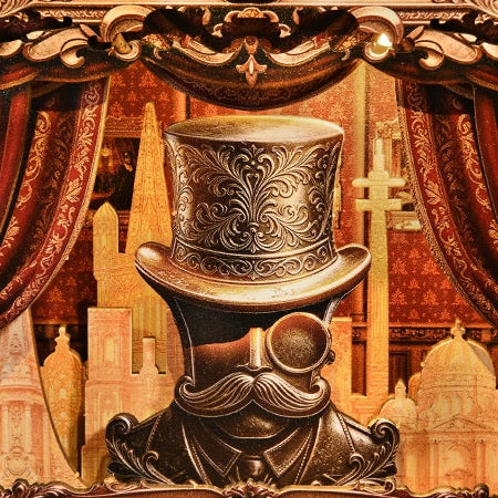 Red curtains frame a patterned top hat and a stylised skyline.